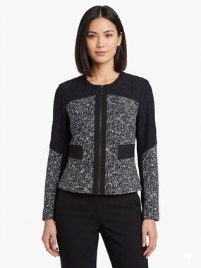 Cato Black White Knit Lace Zip Up Jacket Blazer 14 Career Casual Moto Whimsigoth